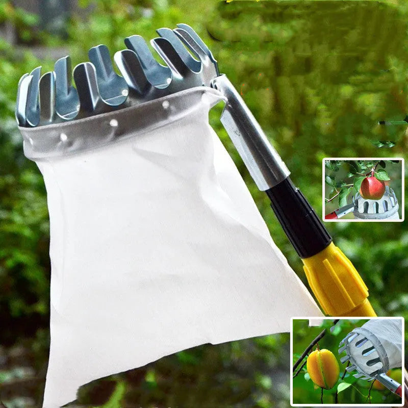 Steel frame fruit picker tool with cloth catching basket for pear and peach harvesting