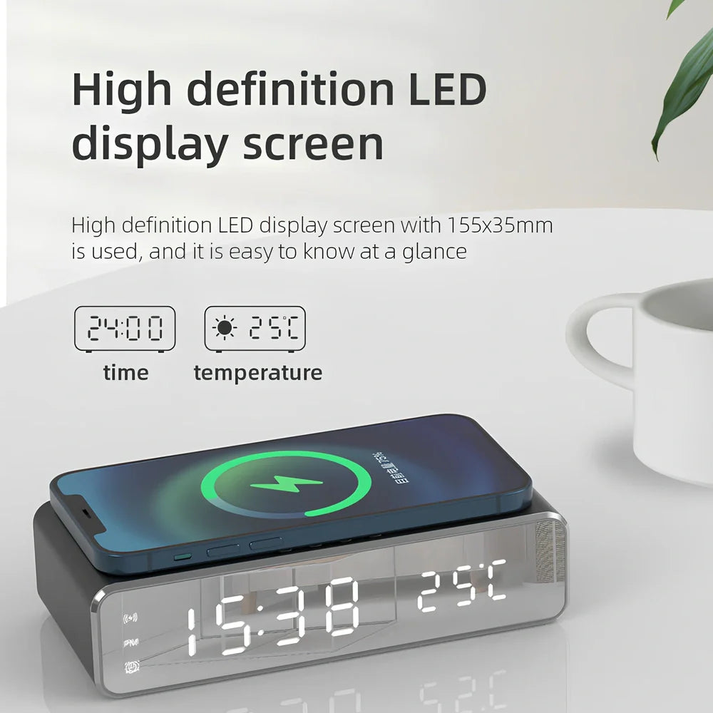 Silver wireless charger clock with HD thermometer display and mirror surface, 9V 1500mA output