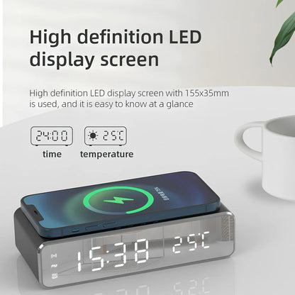 Silver wireless charger clock with HD thermometer display and mirror surface, 9V 1500mA output