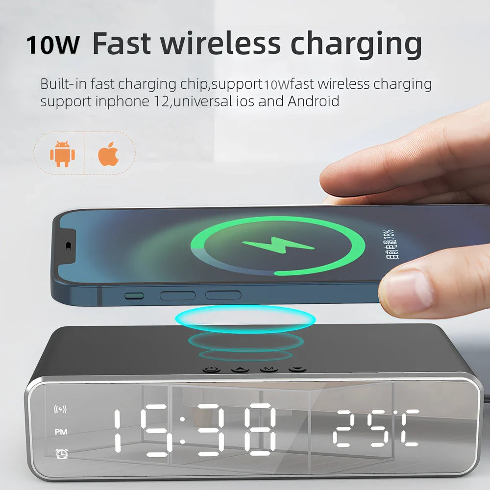 Silver wireless charger clock with HD thermometer display and mirror surface, 9V 1500mA output