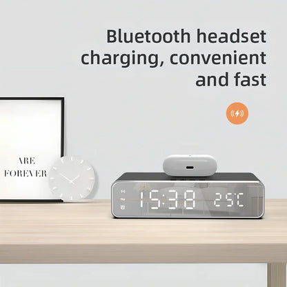 Silver wireless charger clock with HD thermometer display and mirror surface, 9V 1500mA output
