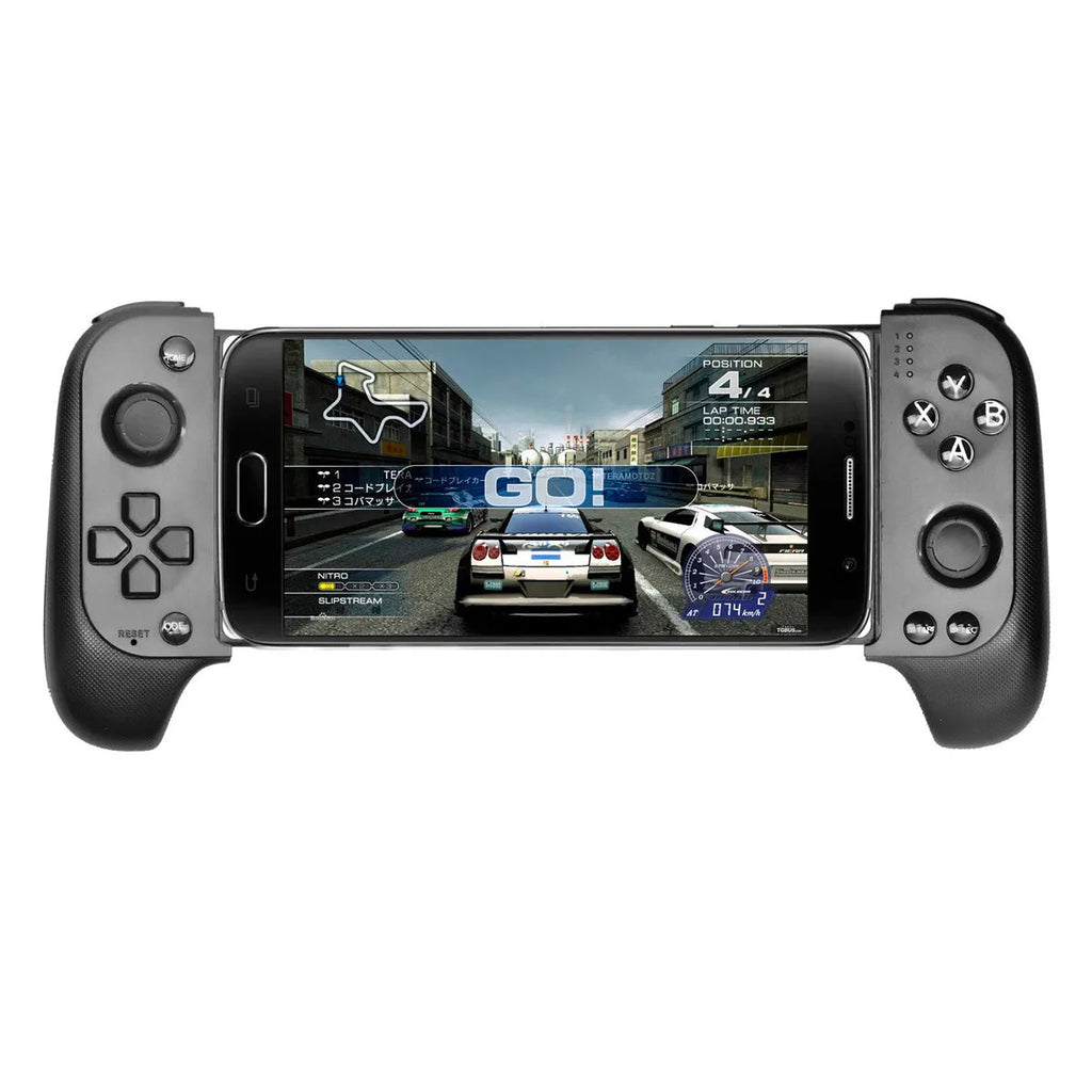 Retractable Bluetooth gaming handle for mobile phone in black, showing gamepad with phone holder
