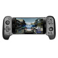 Retractable Bluetooth gaming handle for mobile phone in black, showing gamepad with phone holder
