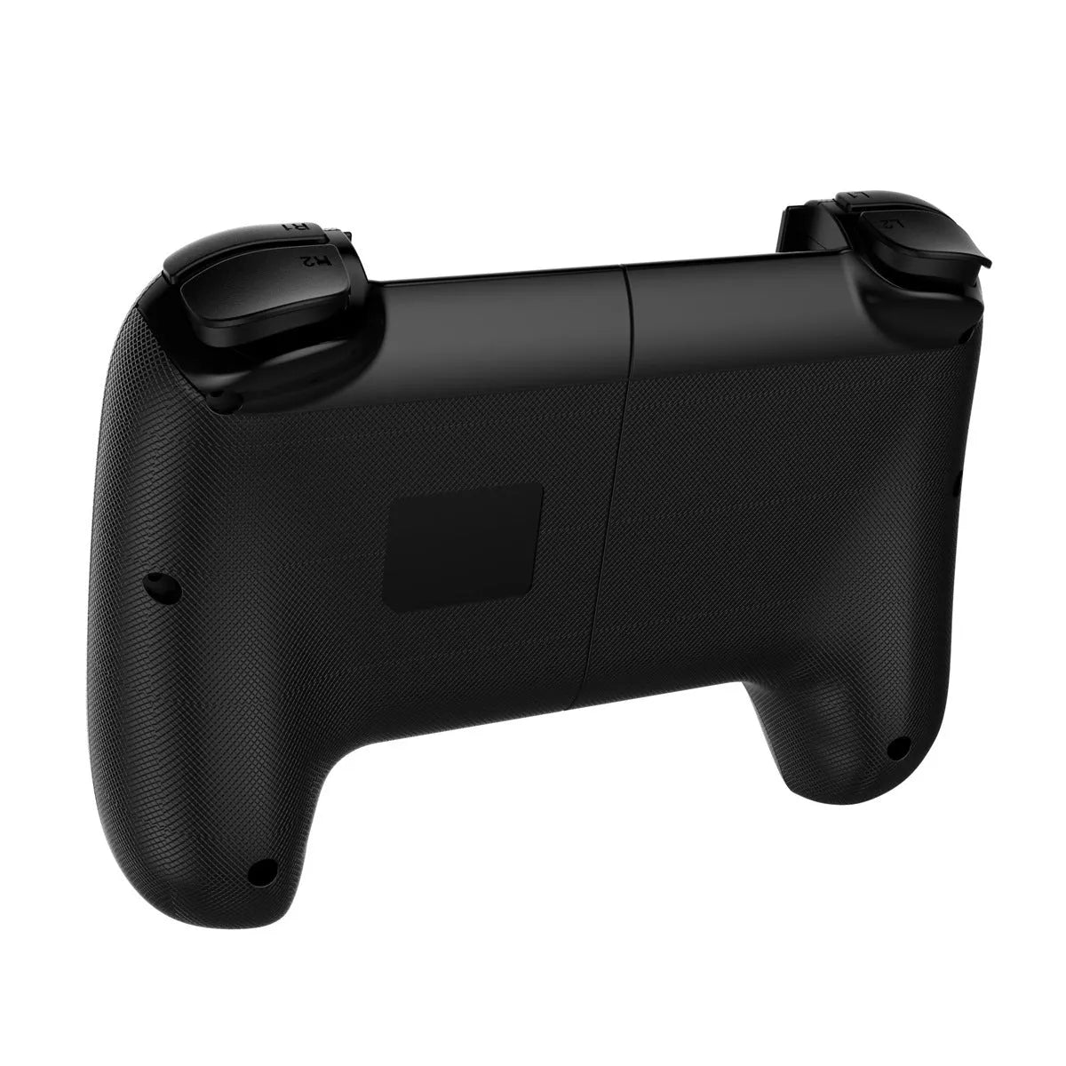 Retractable Bluetooth gaming handle for mobile phone in black, showing gamepad with phone holder