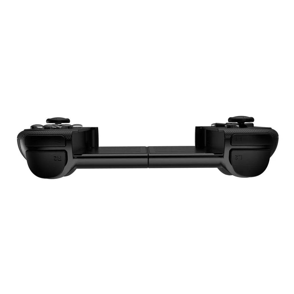 Retractable Bluetooth gaming handle for mobile phone in black, showing gamepad with phone holder