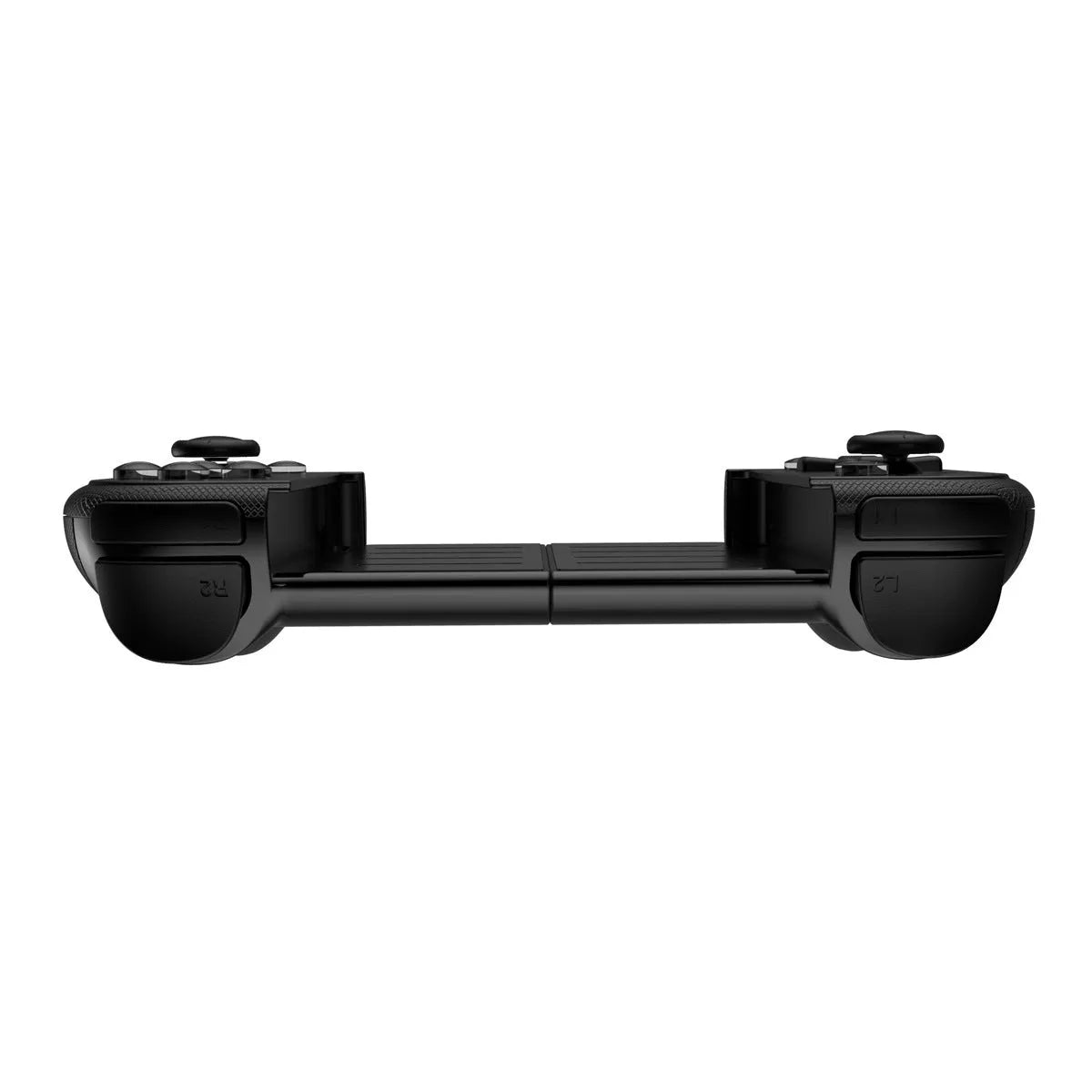 Retractable Bluetooth gaming handle for mobile phone in black, showing gamepad with phone holder