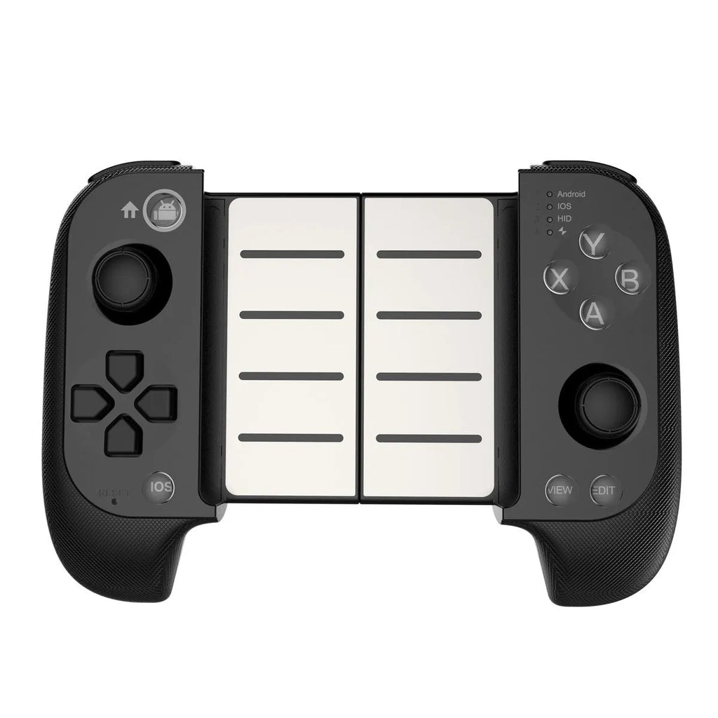 Retractable Bluetooth gaming handle for mobile phone in black, showing gamepad with phone holder