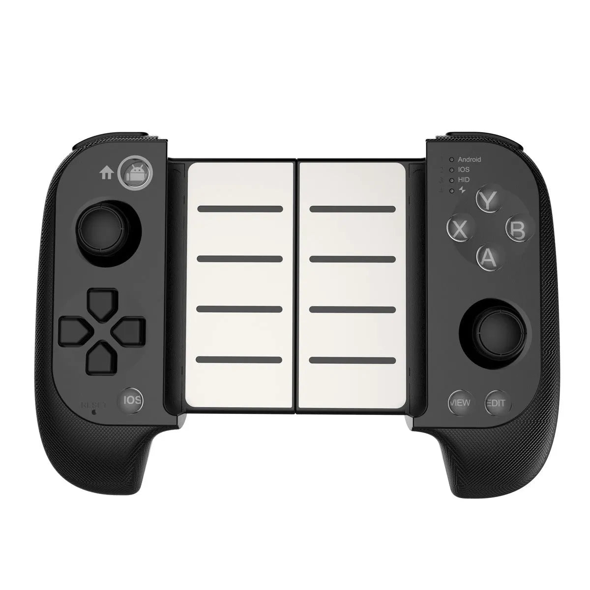 Retractable Bluetooth gaming handle for mobile phone in black, showing gamepad with phone holder