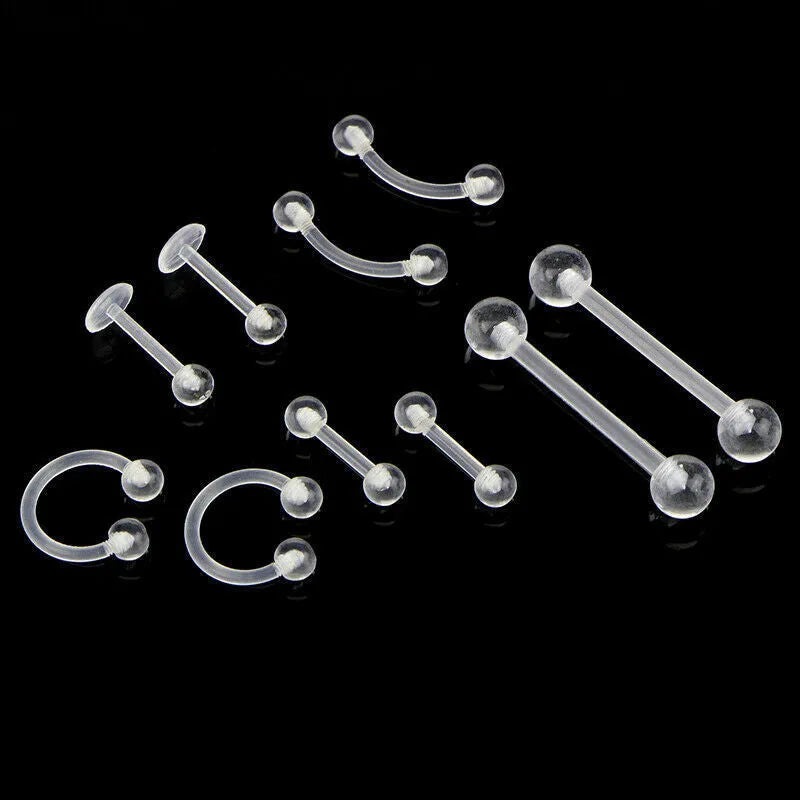 White acrylic body piercing set with 10 pieces including tongue, eyebrow, lip, nasal, and ear bone nails, individually packed.