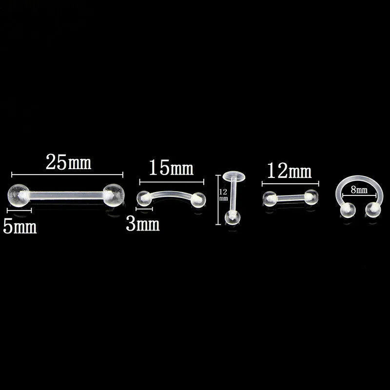 White acrylic body piercing set with 10 pieces including tongue, eyebrow, lip, nasal, and ear bone nails, individually packed.