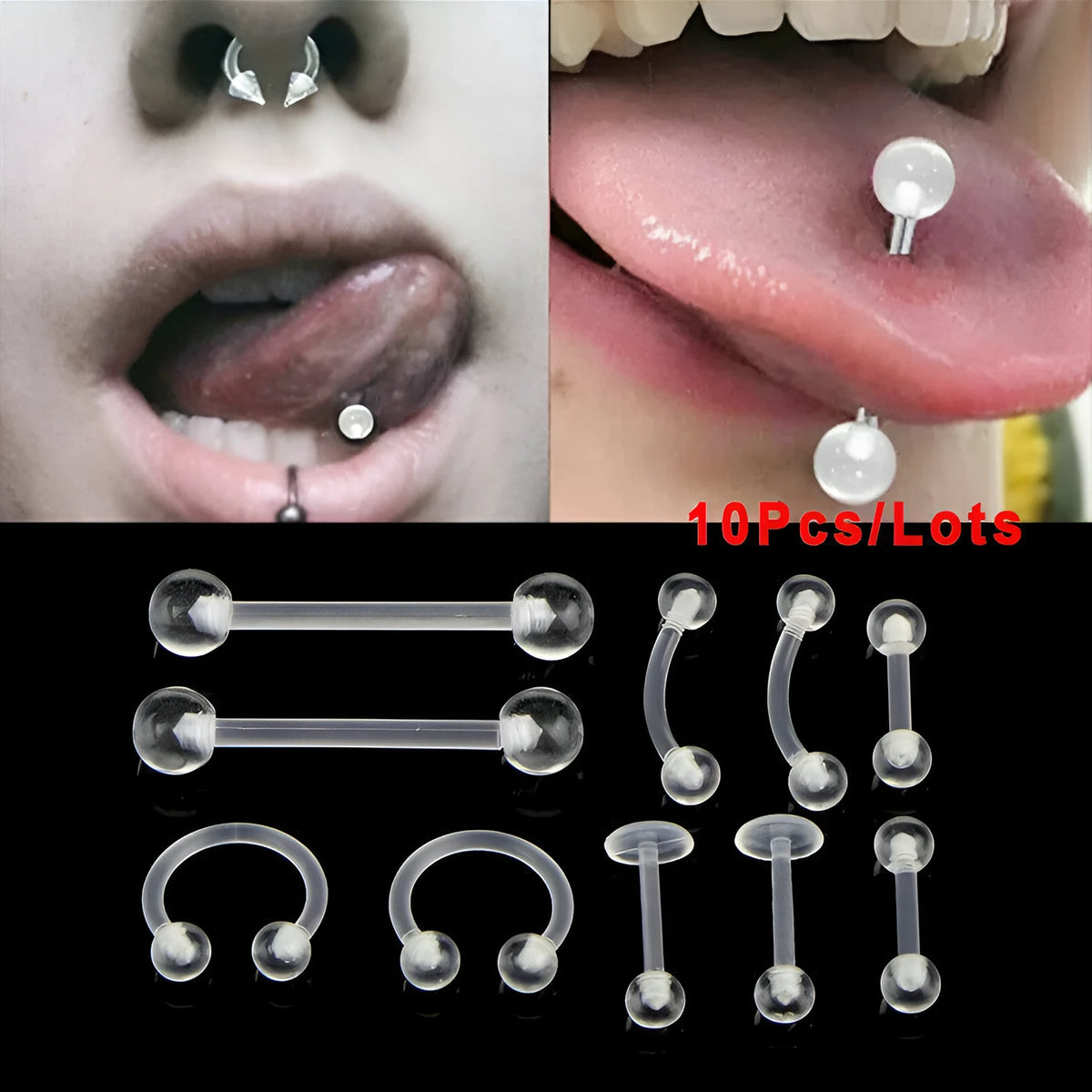 White acrylic body piercing set with 10 pieces including tongue, eyebrow, lip, nasal, and ear bone nails, individually packed.