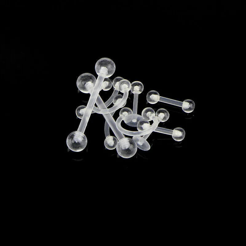 White acrylic body piercing set with 10 pieces including tongue, eyebrow, lip, nasal, and ear bone nails, individually packed.