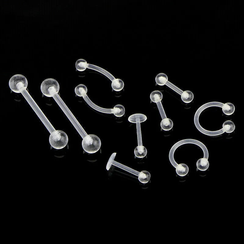 White acrylic body piercing set with 10 pieces including tongue, eyebrow, lip, nasal, and ear bone nails, individually packed.