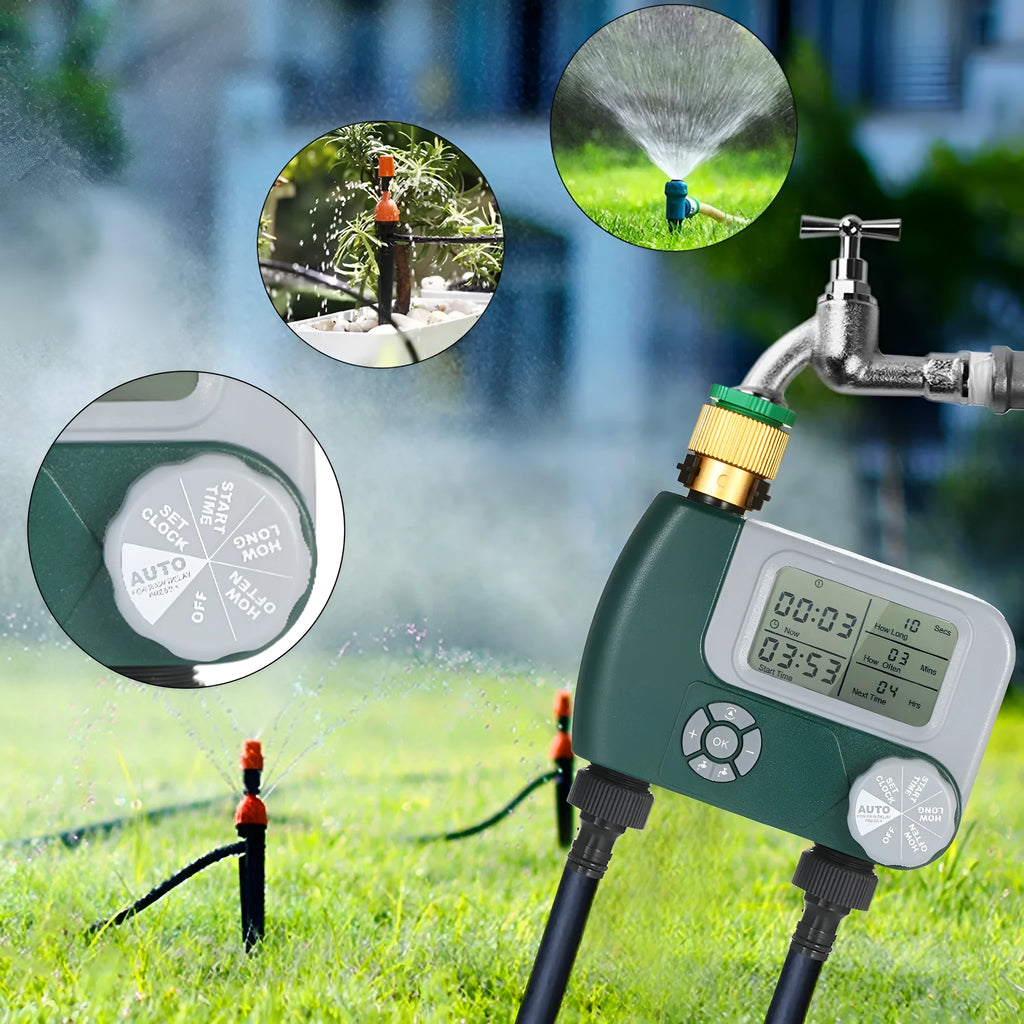 Green digital programmable water timer with display and dial attached to a garden hose faucet.