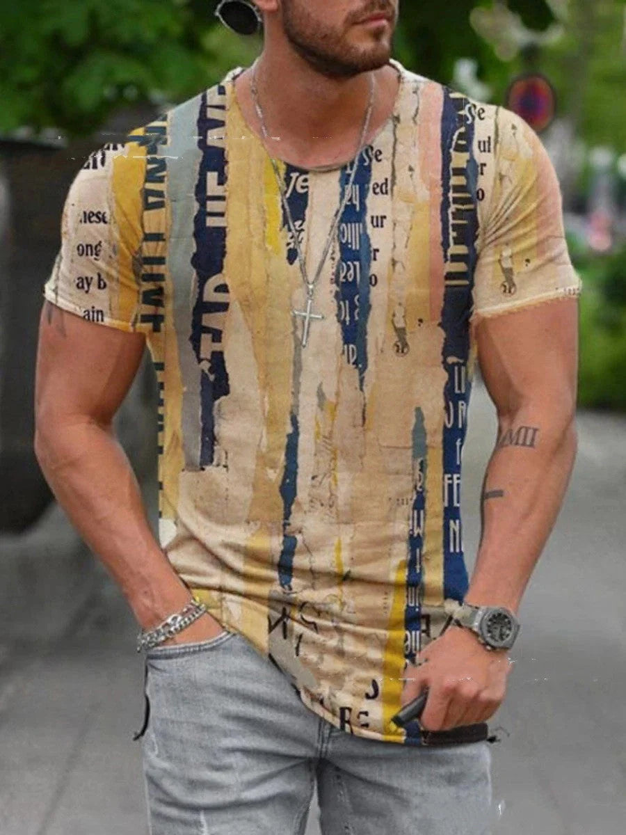 Men's round neck retro print short sleeves with geometric patterns