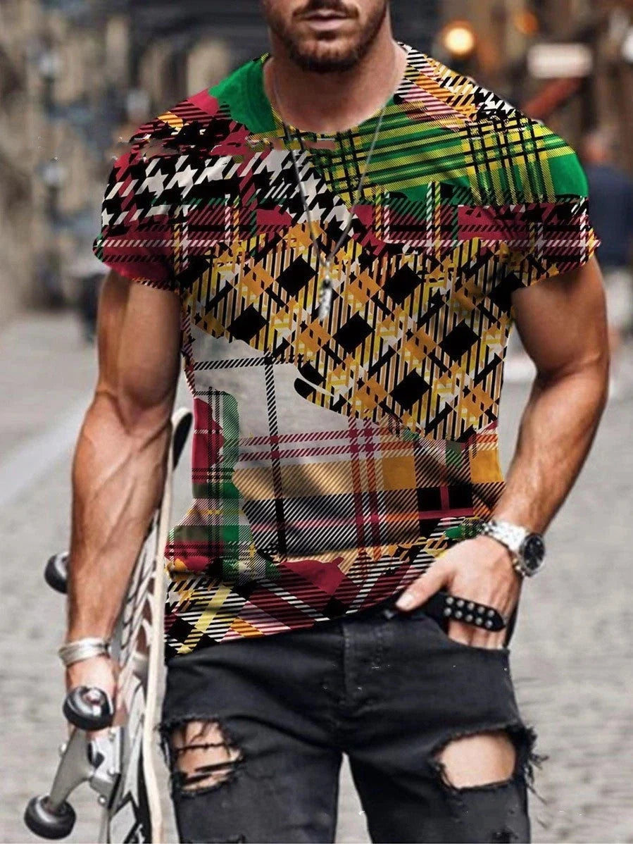 Men's round neck retro print short sleeves with geometric patterns