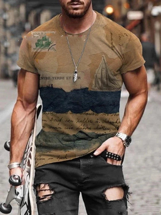 Men's round neck retro print short sleeves with geometric patterns