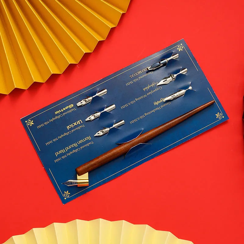 Wood and resin calligraphy dip pen with straight and inclined nib holders and six stainless steel replacement nibs