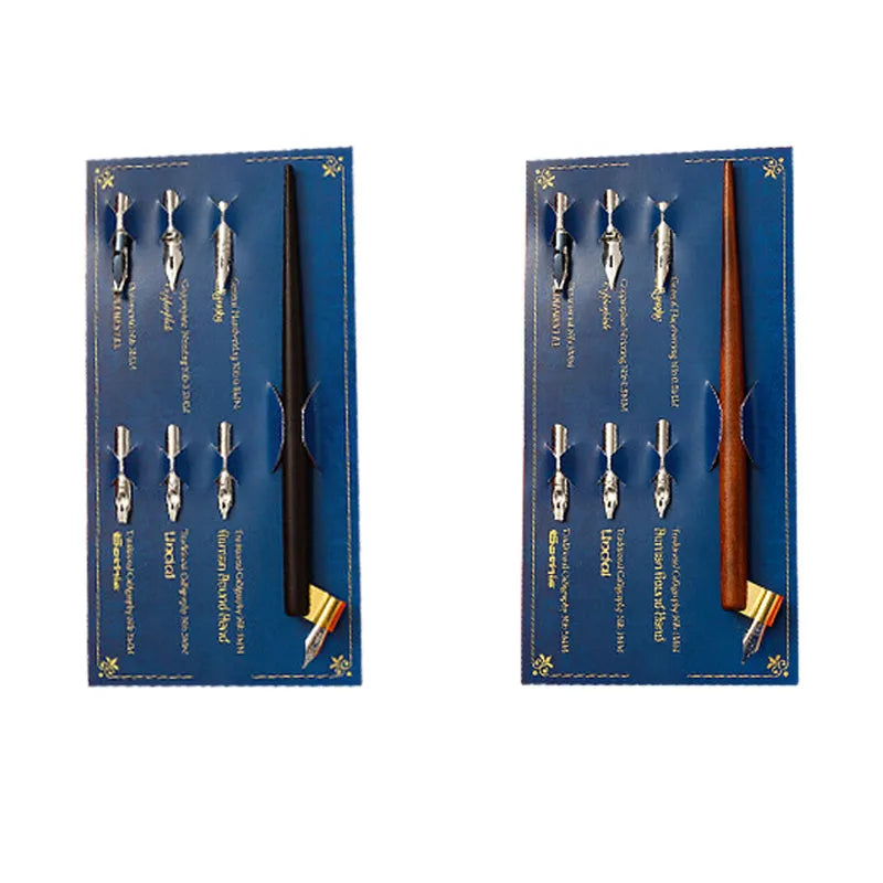 Wood and resin calligraphy dip pen with straight and inclined nib holders and six stainless steel replacement nibs