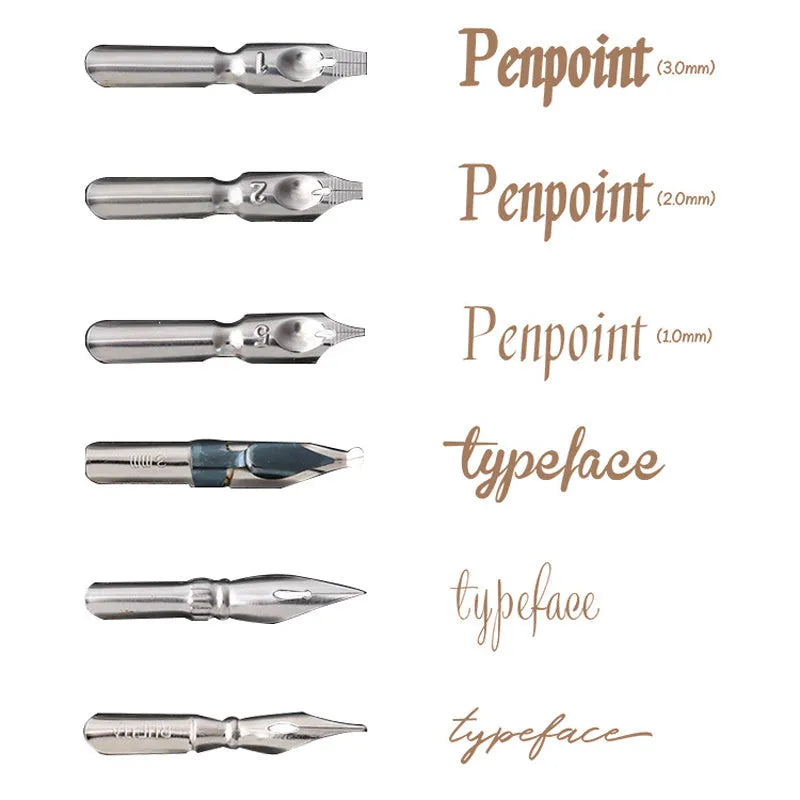 Wood and resin calligraphy dip pen with straight and inclined nib holders and six stainless steel replacement nibs