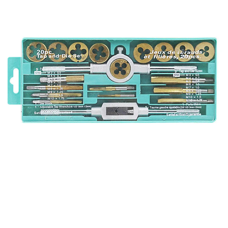 A 20-piece metric hand tap and die set with alloy steel tools, shown with a wrench.
