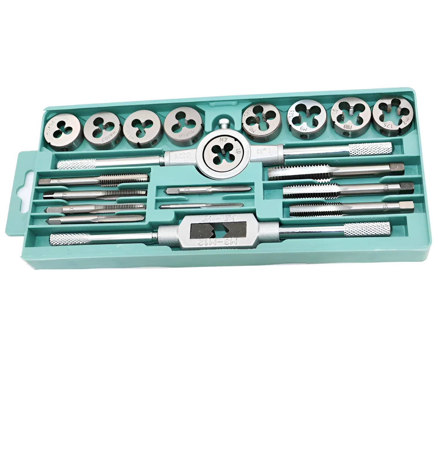 A 20-piece metric hand tap and die set with alloy steel tools, shown with a wrench.
