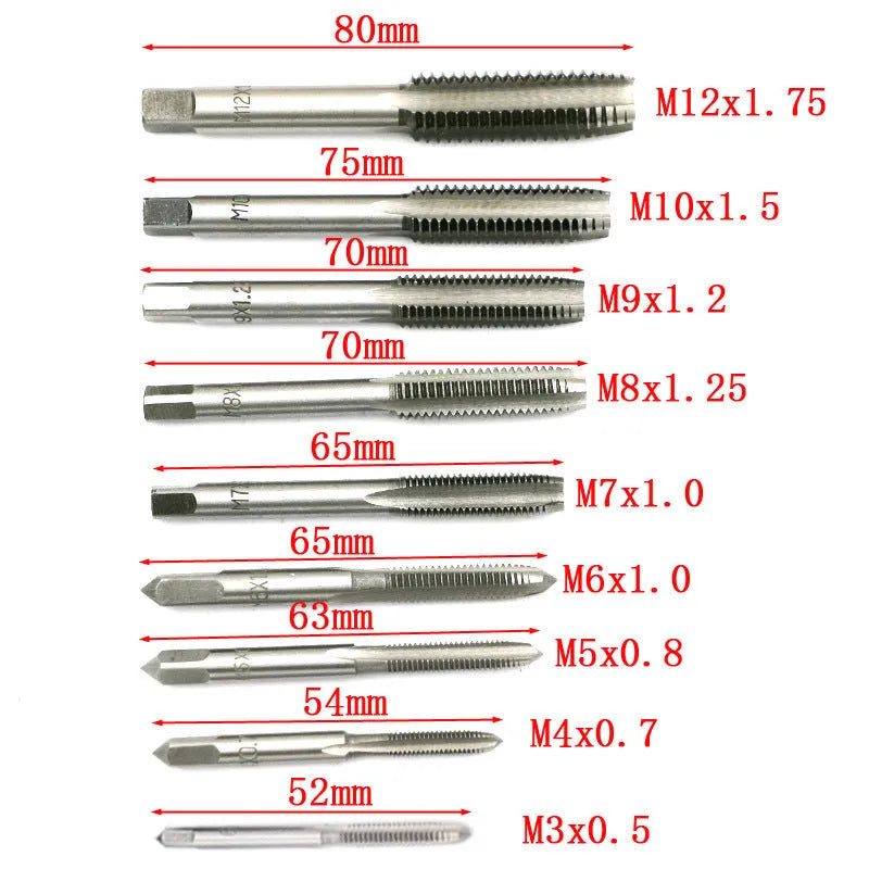 A 20-piece metric hand tap and die set with alloy steel tools, shown with a wrench.