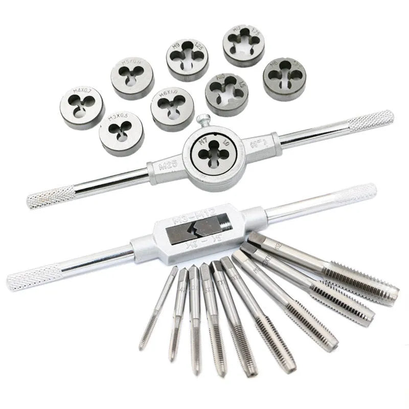 A 20-piece metric hand tap and die set with alloy steel tools, shown with a wrench.