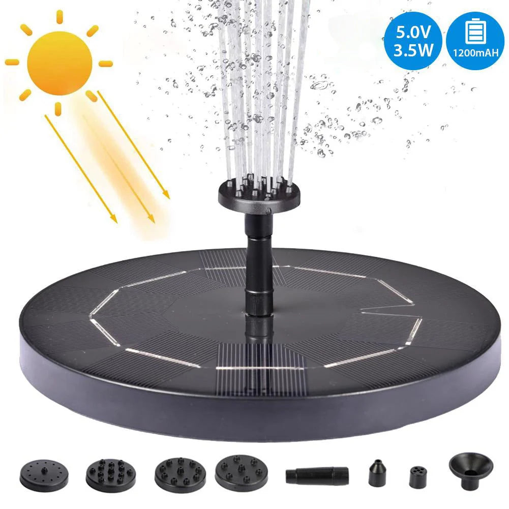 Solar Water Mercury Garden Miniature Floating Fountain with adjustable sprays in a garden setting
