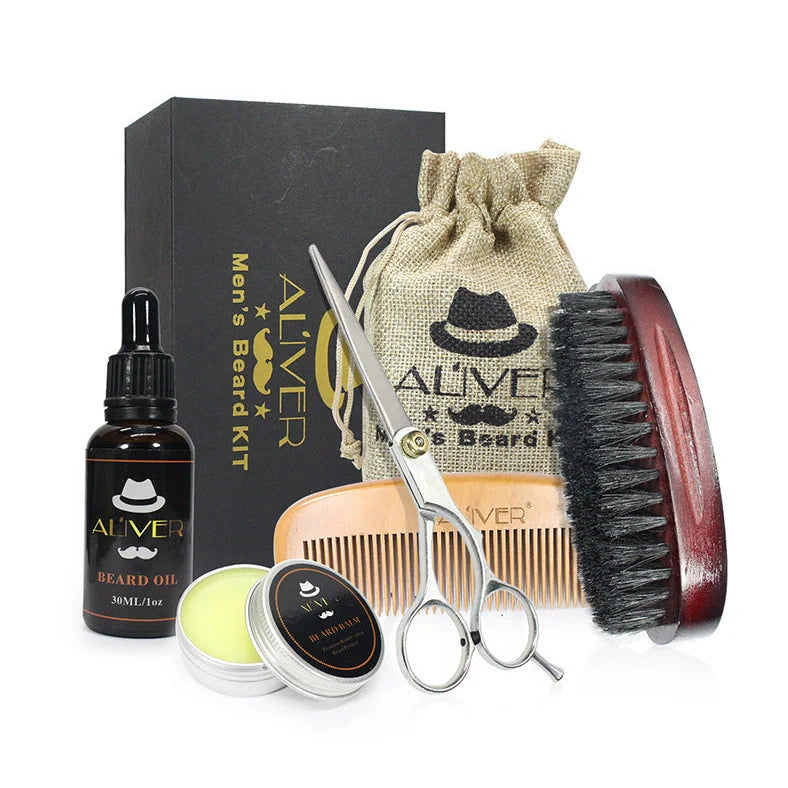 Beard grooming set with five essential tools including sandalwood comb and brush, 30ml beard oil and 30g cream for daily maintenance and styling