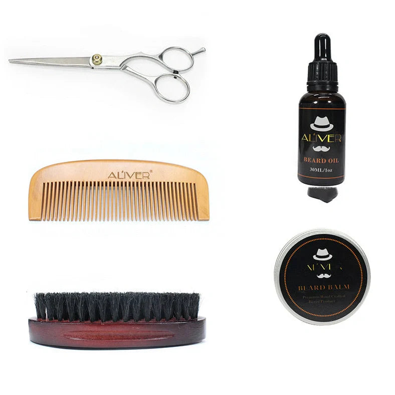Aliver five-piece beard set with sandalwood comb, brush, scissors, 30ml oil bottle, and 30g cream container in gift box