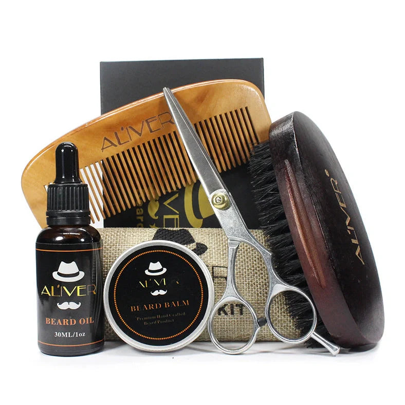 Aliver five-piece beard set with sandalwood comb, brush, scissors, 30ml oil bottle, and 30g cream container in gift box