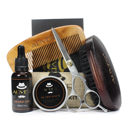 Aliver five-piece beard set with sandalwood comb, brush, scissors, 30ml oil bottle, and 30g cream container in gift box