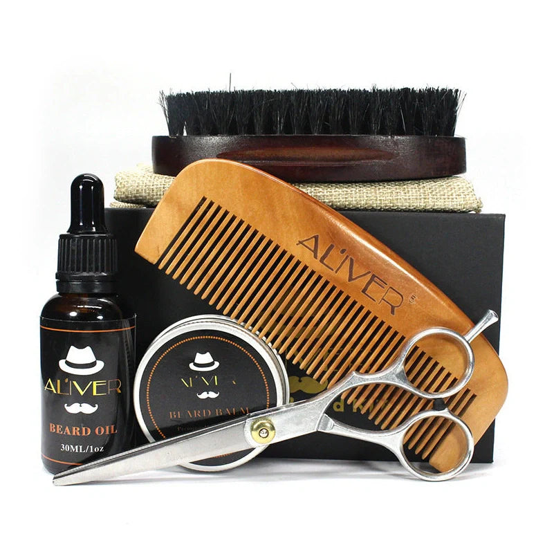 Aliver five-piece beard set with sandalwood comb, brush, scissors, 30ml oil bottle, and 30g cream container in gift box