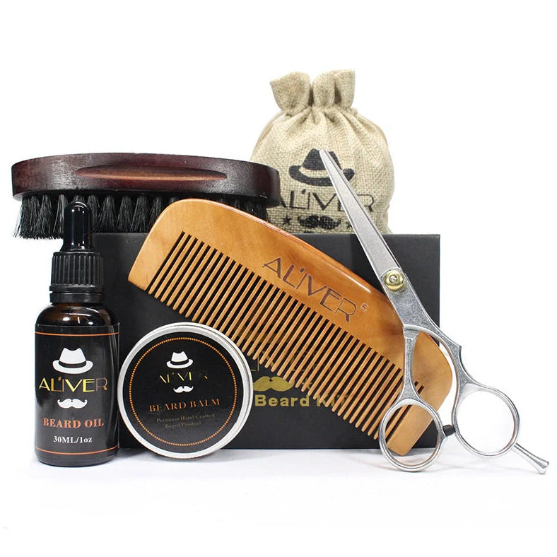 Aliver five-piece beard set with sandalwood comb, brush, scissors, 30ml oil bottle, and 30g cream container in gift box