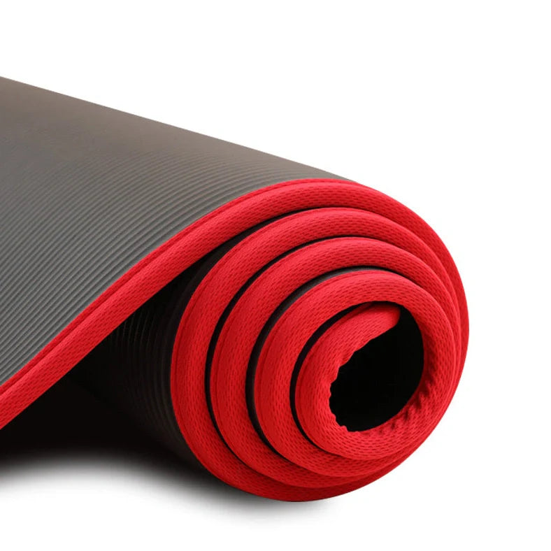 Wrapped non-slip yoga mat showing 10mm thickness and 183cm length with textured surface