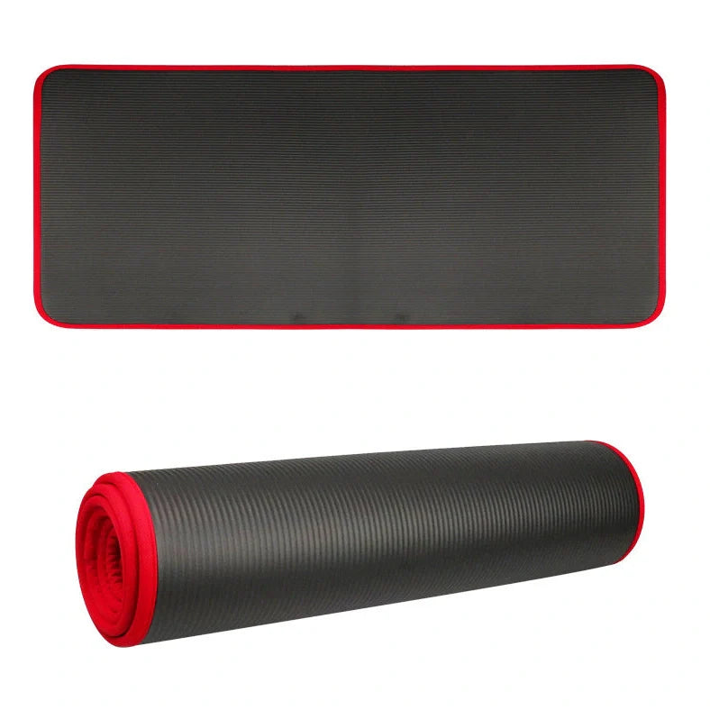 Wrapped non-slip yoga mat showing 10mm thickness and 183cm length with textured surface