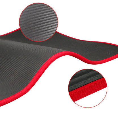 Wrapped non-slip yoga mat showing 10mm thickness and 183cm length with textured surface