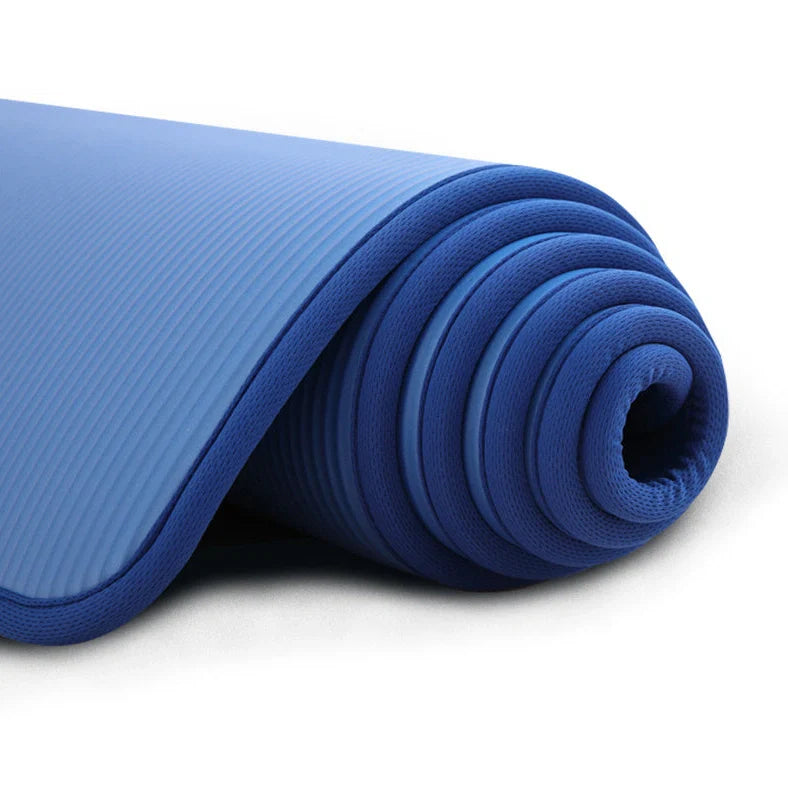Wrapped non-slip yoga mat showing 10mm thickness and 183cm length with textured surface