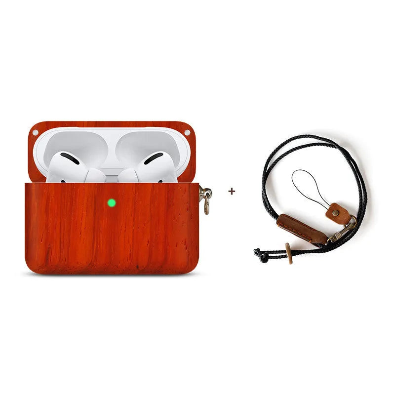 LZL Bluetooth wireless earphones in a solid wood log-shaped protective case with a lanyard.
