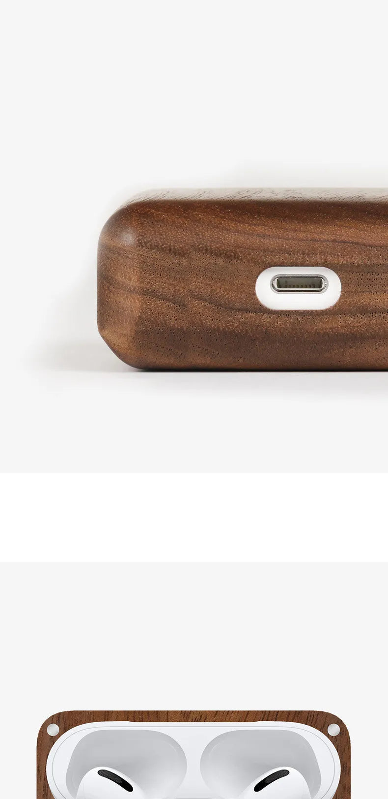 LZL Bluetooth wireless earphones in a solid wood log-shaped protective case with a lanyard.