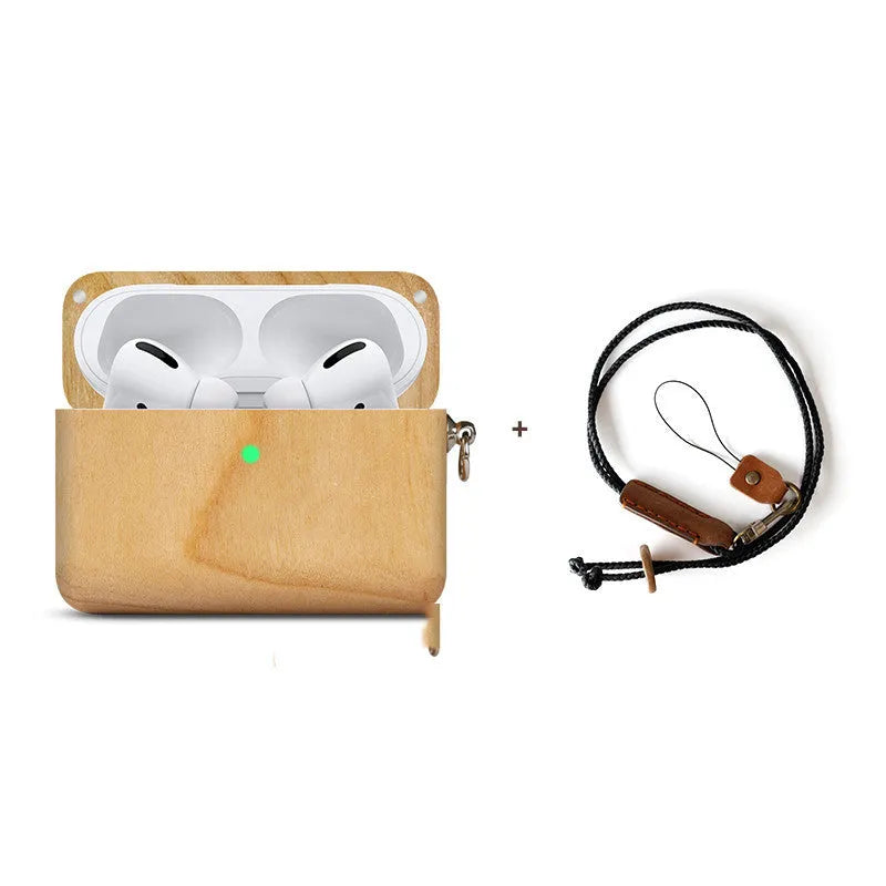 LZL Bluetooth wireless earphones in a solid wood log-shaped protective case with a lanyard.