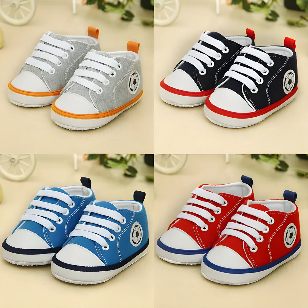 Baby canvas shoes in football blue with non-slip sole and striped pattern