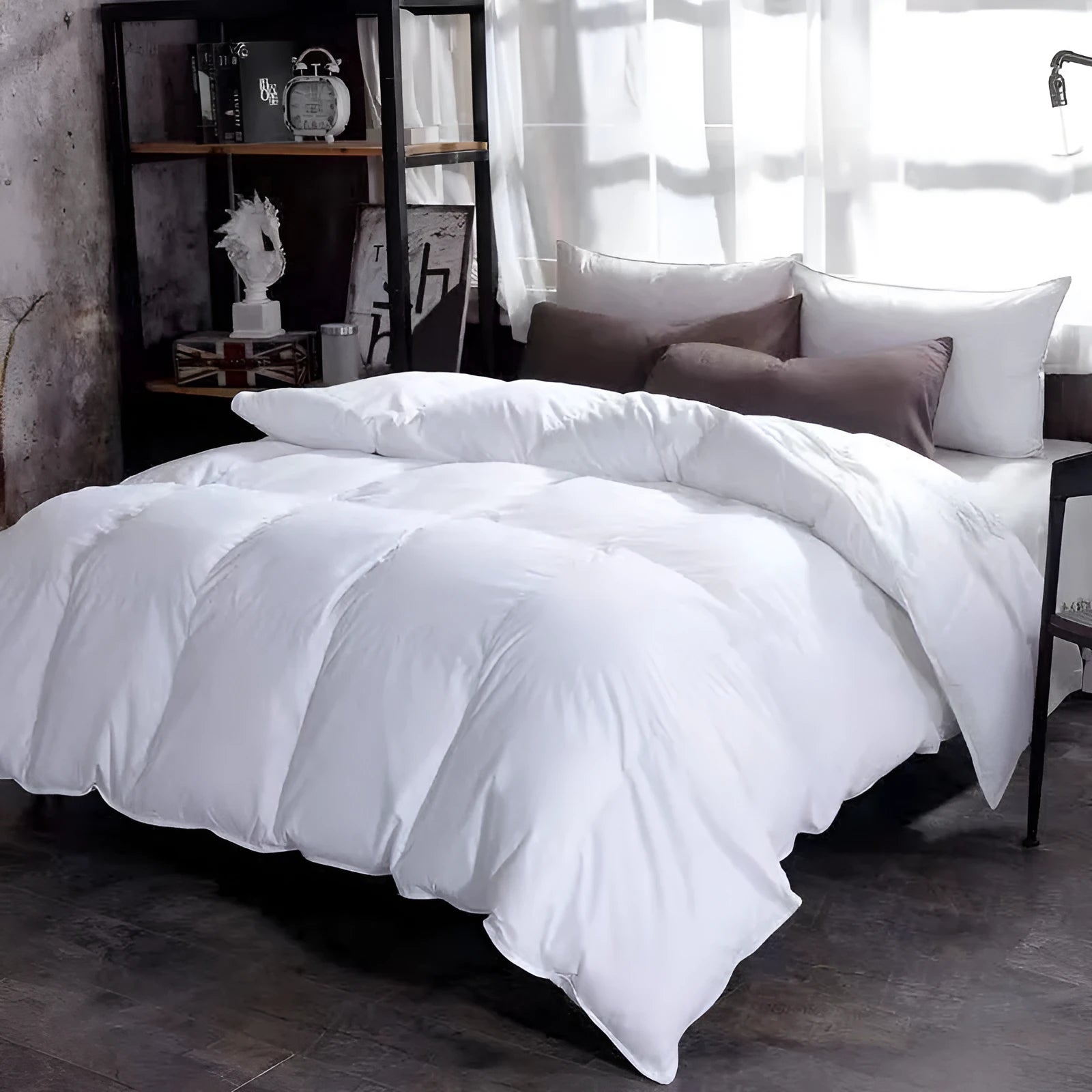 Goose down winter duvet with twill weave fabric in multiple colour options on a bed.