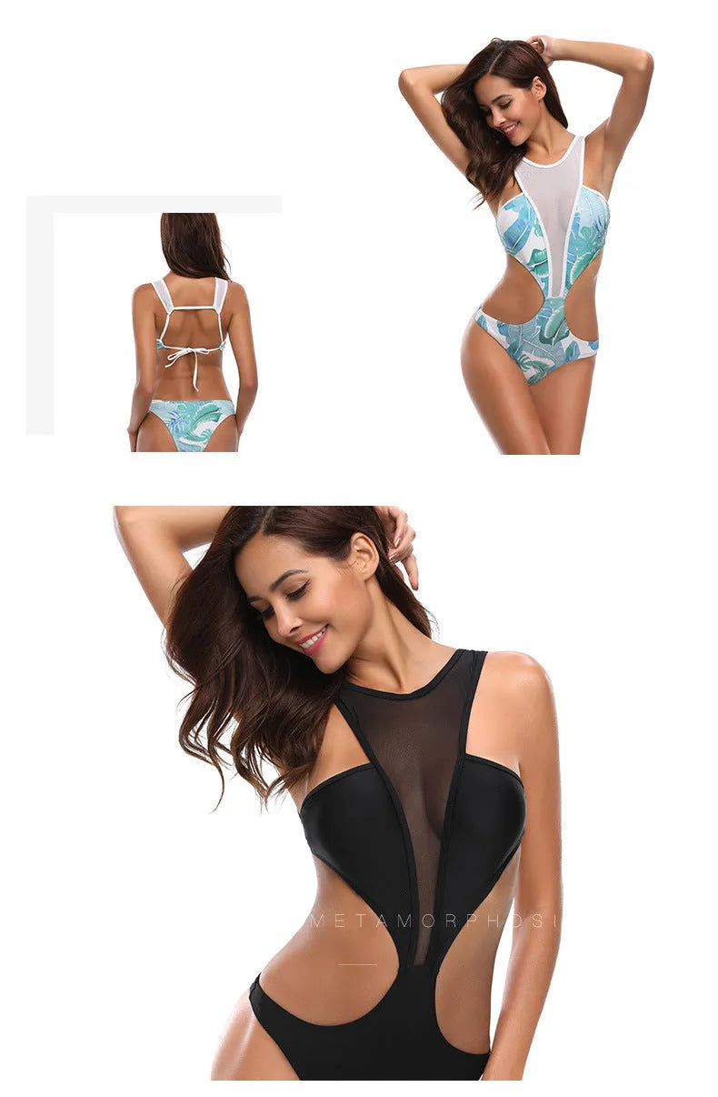 High waist mesh one-piece swimsuit for women, open back, chest pad, black colour, size S to XL