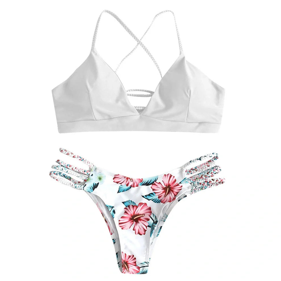 Backless braided bikini swimsuit with floral pattern and removable chest pads