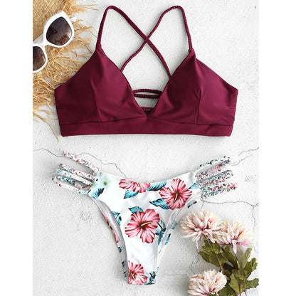 Backless braided bikini swimsuit with floral pattern and removable chest pads
