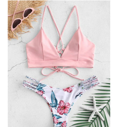 Backless braided bikini swimsuit with floral pattern and removable chest pads