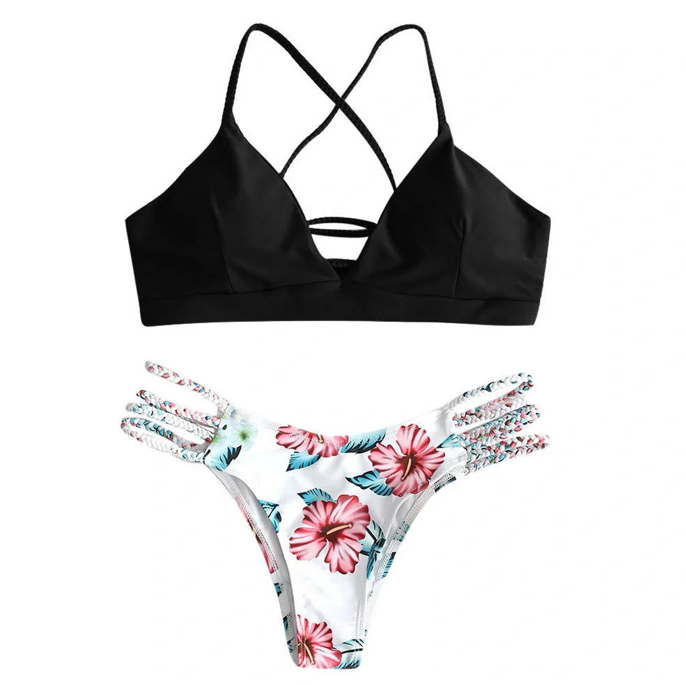 Backless braided bikini swimsuit with floral pattern and removable chest pads