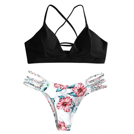 Backless braided bikini swimsuit with floral pattern and removable chest pads